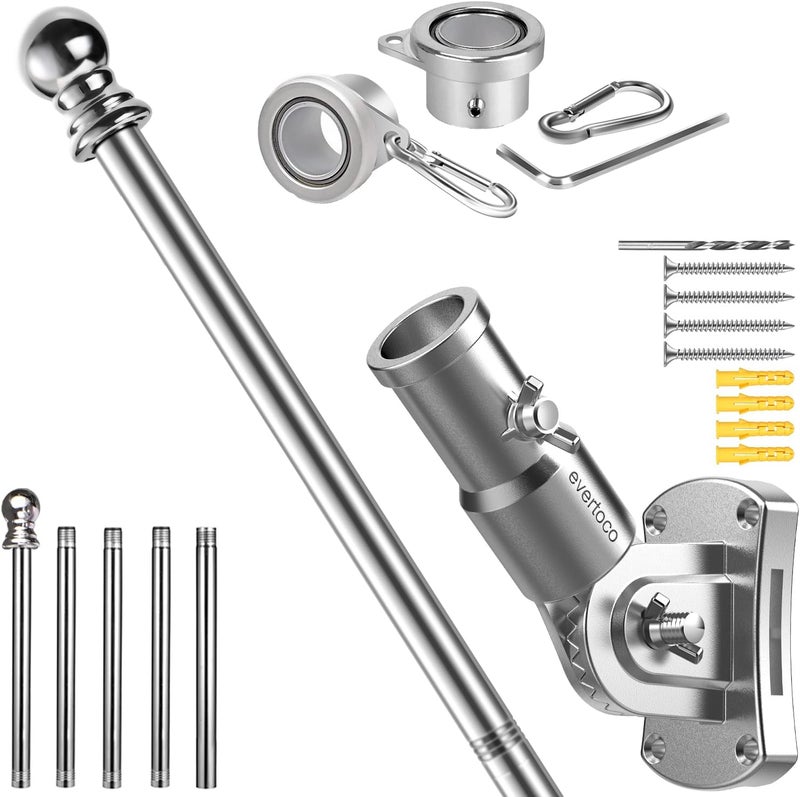 evertoco Premium Flag Pole Kit - T304 Stainless Steel 180°Adjustable Flag Bracket, Thicker 6 Ft Flag Pole with Aluminum Alloy Rings - Durable, Wind Resistant, Rust Free, Silver - Image 1